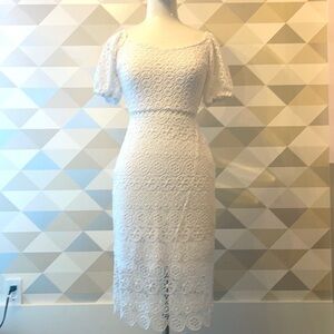 Express OFF THE SHOULDER CROCHET LACE MIDI DRESS